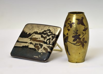 Lot 262 - Japanese 950 white-metal and niello cigarette case and a small bronze vase