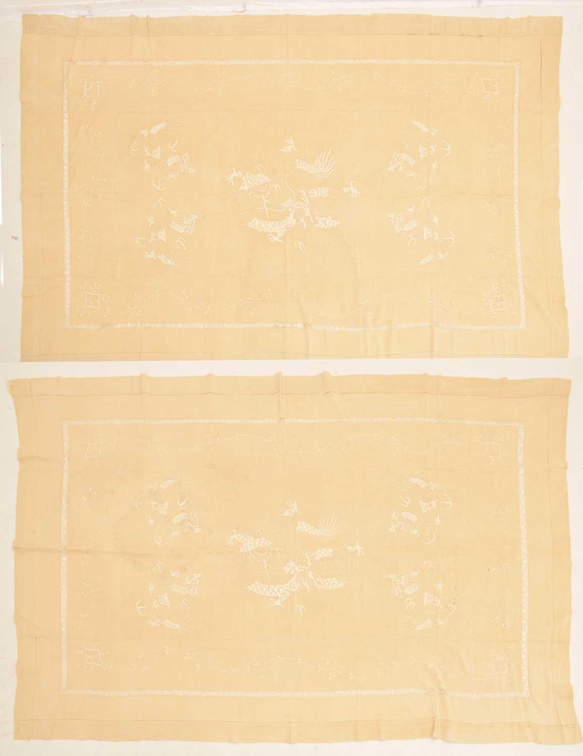 Lot 356 - Pair of Chinese raw silk and dragon embroidered bedspreads