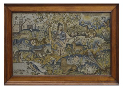Lot 173 - English mid 17th century embroidered panel, 'Orpheus Charming the Animals'