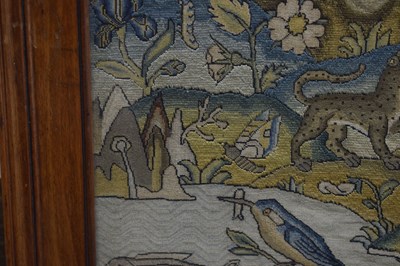 Lot 173 - English mid 17th century embroidered panel, 'Orpheus Charming the Animals'