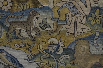 Lot 173 - English mid 17th century embroidered panel, 'Orpheus Charming the Animals'
