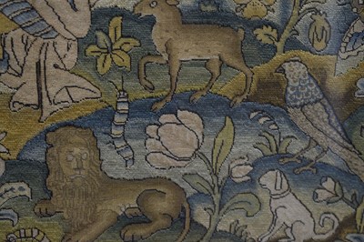 Lot 173 - English mid 17th century embroidered panel, 'Orpheus Charming the Animals'