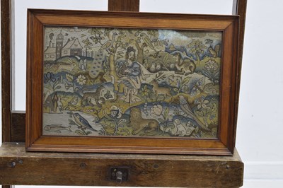 Lot 173 - English mid 17th century embroidered panel, 'Orpheus Charming the Animals'