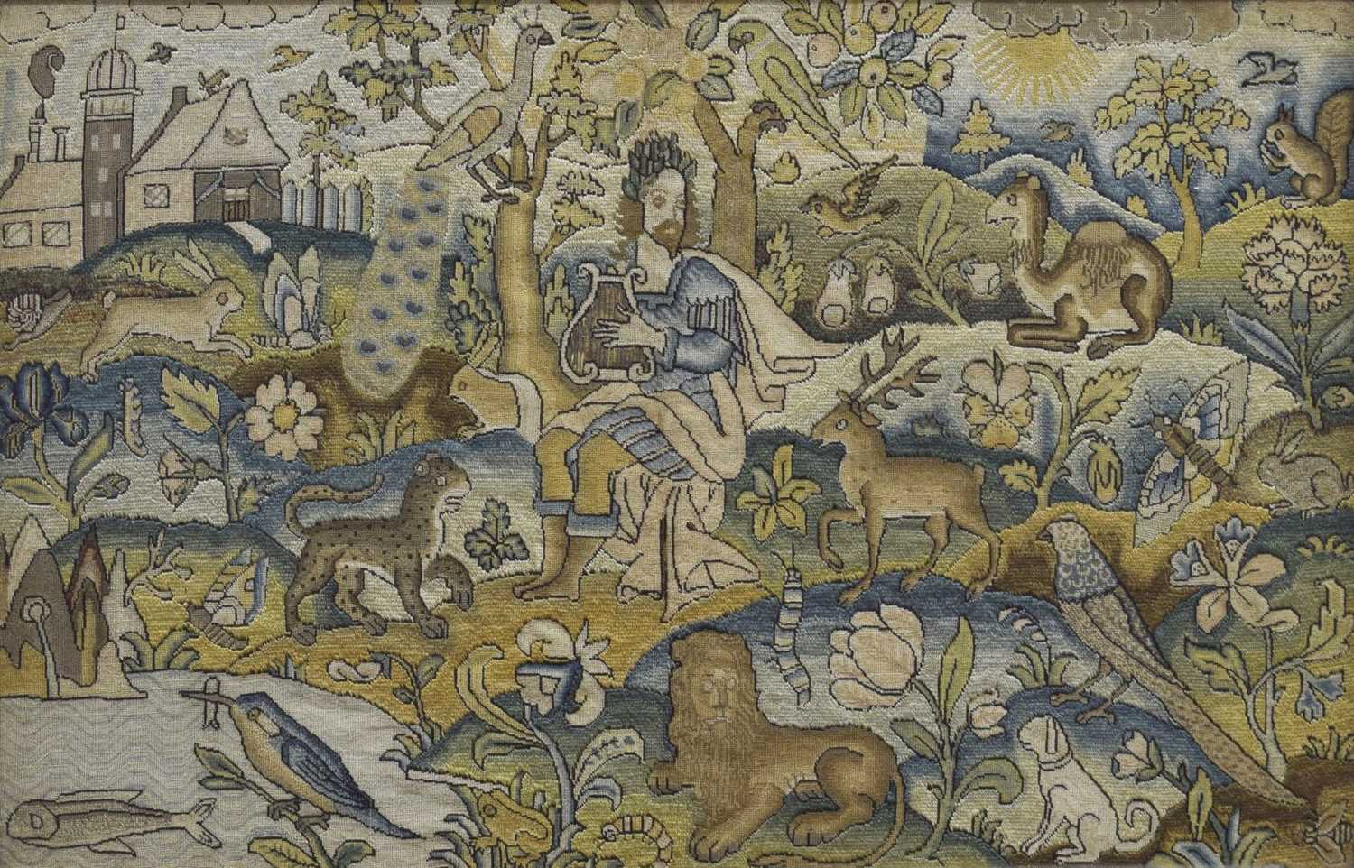 Lot 173 - English mid 17th century embroidered panel, 'Orpheus Charming the Animals'