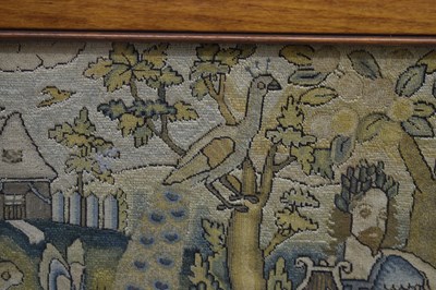 Lot 173 - English mid 17th century embroidered panel, 'Orpheus Charming the Animals'