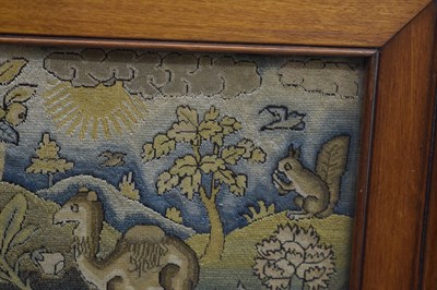 Lot 173 - English mid 17th century embroidered panel, 'Orpheus Charming the Animals'