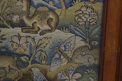 Lot 173 - English mid 17th century embroidered panel, 'Orpheus Charming the Animals'