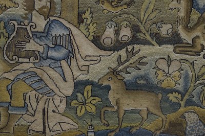 Lot 173 - English mid 17th century embroidered panel, 'Orpheus Charming the Animals'