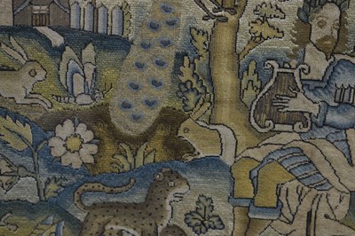 Lot 173 - English mid 17th century embroidered panel, 'Orpheus Charming the Animals'