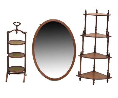 Lot 534 - Three tier cakestand, corner whatnot, oval mirror (3)