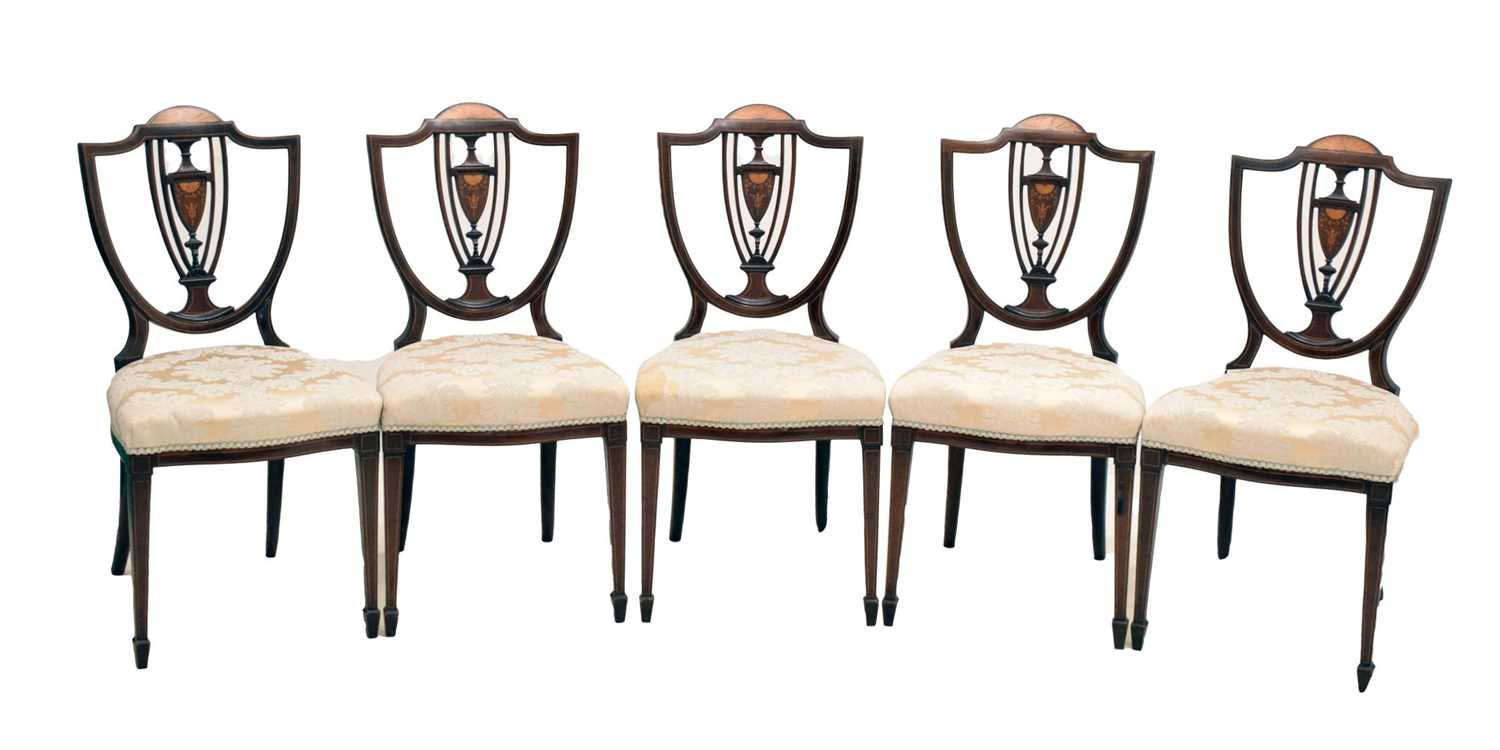 Lot 537 - Set of five late Victorian inlaid chairs with plaque 'Blyth & Sons Manufacturer Chiswell St. London'