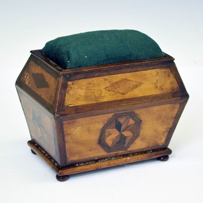 Lot 229 - Early 19th century parquetry inlaid 'sarcophagus' pin cushion