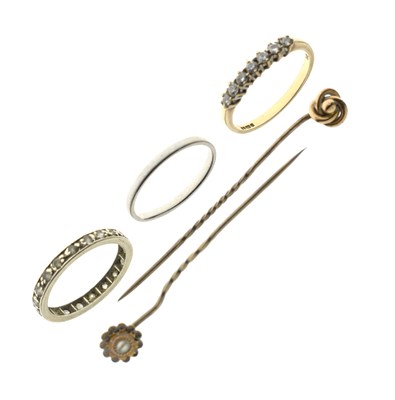 Lot 100 - Diamond seven-stone 9ct gold half eternity ring, stick pins, etc