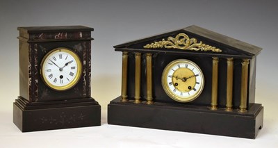 Lot 515 - Late 19th century French architectural style black marble mantel clock