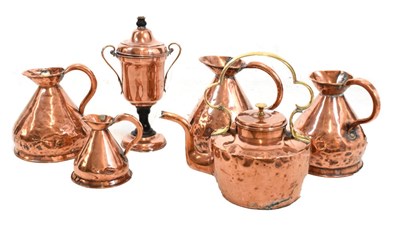 Lot 627 - Quantity of Victorian copper to include measuring jugs, kettle, etc.