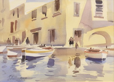 Lot Edward Brian Seago, RWS, RBA, (British, 1910-1974) - Watercolour - The Quay, Chioggia