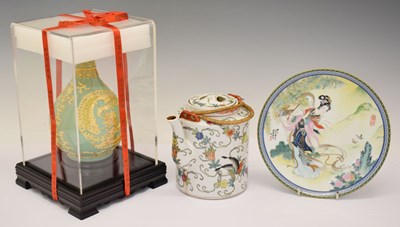 Lot 348 - Chinese celadon ground vase, a Chinese teapot in wicker warmer, and a plate