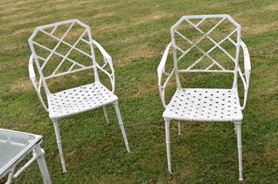 Lot 543 - White painted cast metal bamboo-effect garden / patio set