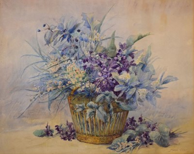 Lot 671 - Marion L. Broom (British, 1875-1962) - Watercolour - 'Flowers in a basket'