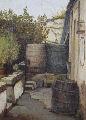 Lot 430 - John Noble Barlow (British, 1861-1917) - Oil on canvas - Barrels on a porch