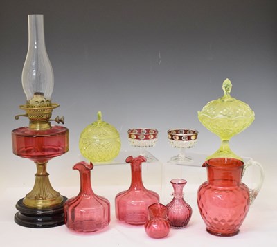 Lot 284 - Victorian oil lamp with cranberry glass reservoir, uranium glass, and cranberry glass