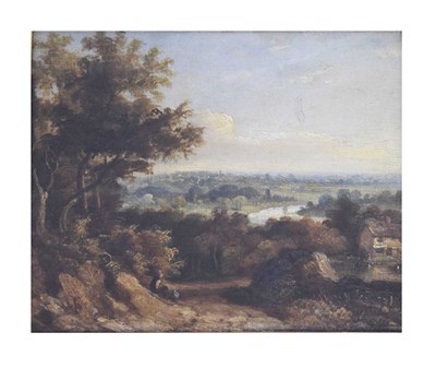 Lot 587 - English School, 19th century - Oil on panel - Rural landscape with cottage