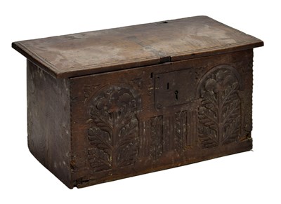 Lot 437 - Small mid to late 17th century carved oak coffer