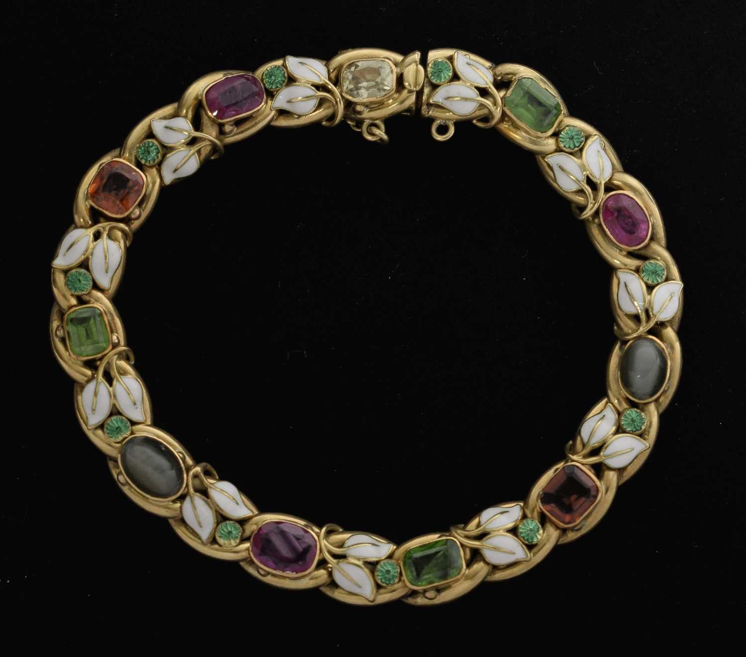 Lot 35 - Edwardian gem-set enamelled unmarked yellow metal bracelet