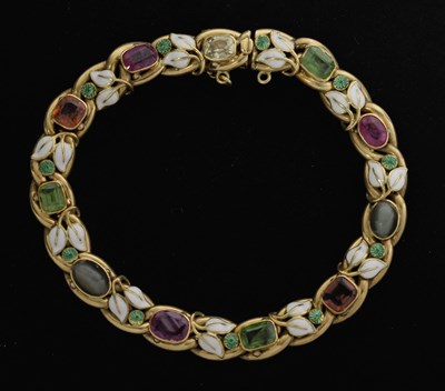 Lot 35 - Edwardian gem-set enamelled unmarked yellow metal bracelet