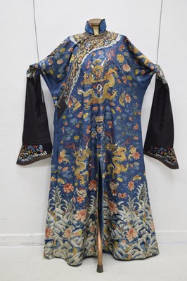 Lot 255 - Fine Chinese embroidered blue silk jifu or dragon robe