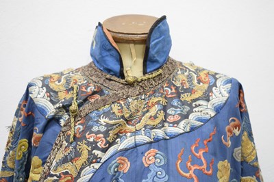 Lot 255 - Fine Chinese embroidered blue silk jifu or dragon robe