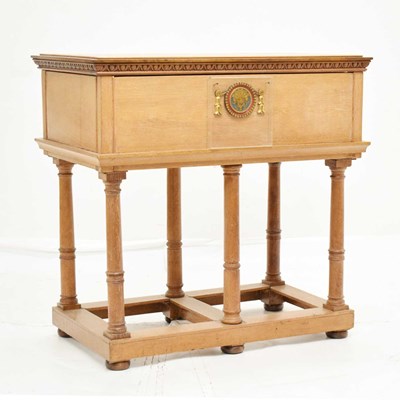 Lot 640 - Circa 1960s golden oak ecclesiastical chest on stand