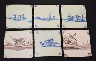 Lot 409 - Six blue and white and manganese decorated Delft tiles