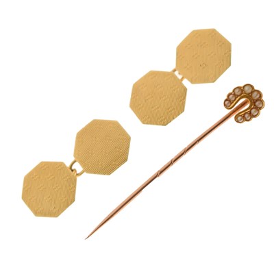 Lot 142 - Pair of yellow metal octagonal cufflinks plus stick pin