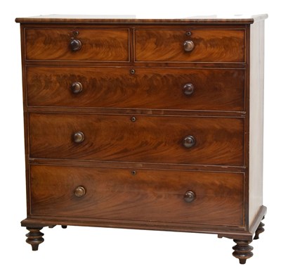 Lot 637 - Mid 19th century mahogany chest of two short and three long drawers