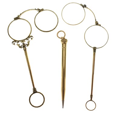 Lot 187 - Two pairs of yellow metal lorgnettes, and a propelling pencil