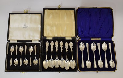 Lot 315 - Victorian cased set of six teaspoons, Edward VII set of six spoons, George VI demi-tasse coffee spoons