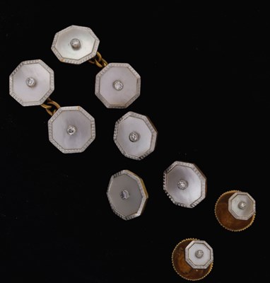 Lot 141 - Pair of Art Deco mother-of-pearl and diamond octagonal-shaped cufflinks, stamped 18ct & Pt, etc