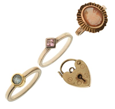 Lot 34 - 9ct gold cameo ring, 9ct gold padlock, and two white metal rings