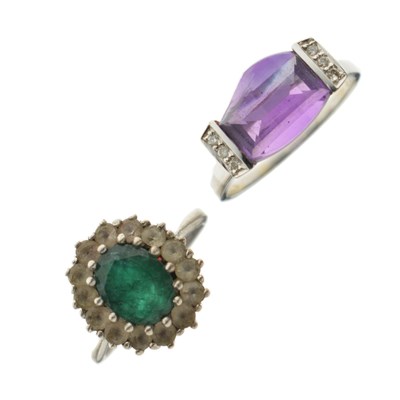 Lot 41 - 18ct white gold dress ring set a fancy cut amethyst-coloured stone, etc