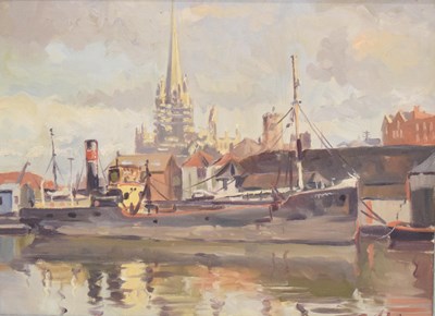 Lot 583 - Ronald Henry Johnson (British, 1930-2025) - Oil on board - Bristol Docks
