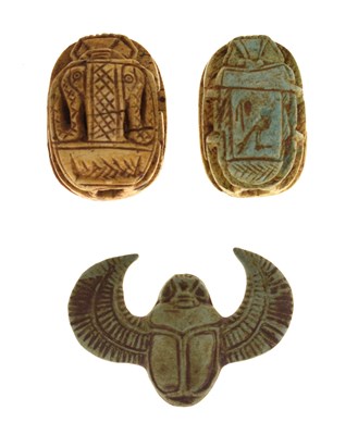 Lot 169 - Antiquities - Three Egyptian faience scarab beetles
