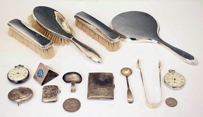 Lot 201 - George V four piece silver-mounted dressing table set, Victorian pair of sugar tongs, etc