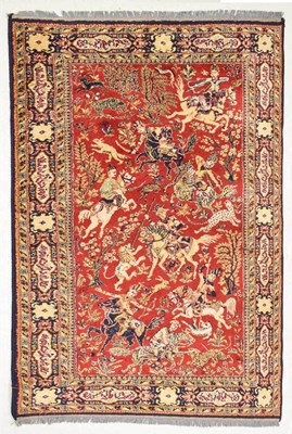 Lot 606 - 'Lahore' vintage machine made wool rug with horses and riders