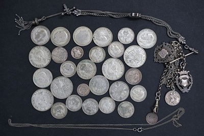 Lot 240 - Quantity of pre-1947 coinage, silver chains and fobs