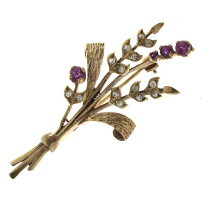 Lot 71 - Ruby and diamond floral bouquet 9ct gold brooch
