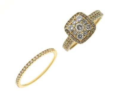 Lot 8 - Diamond halo cluster 18ct gold ring and matching wedding band / eternity ring