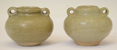 Lot 241 - Two Chinese Longquan celadon squat vases or jarlets, Song dynasty type