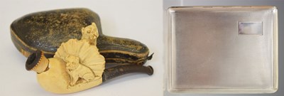Lot 192 - George VI silver cigarette case together with a meerschaum pipe decorated with two dogs
