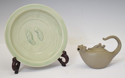 Lot 494 - Chinese celadon glazed 'Twin Fish' plate and Yixing dragon teapot